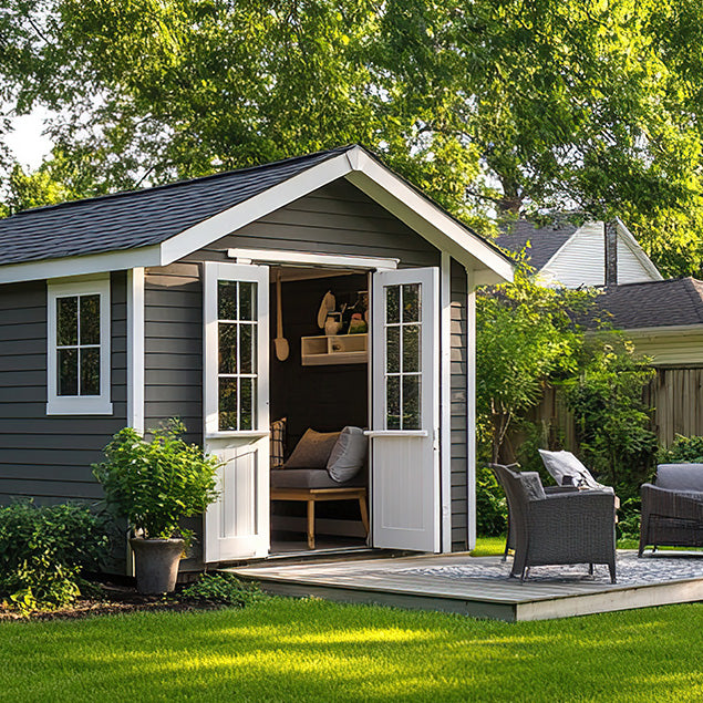 Gartenhütte grau weiß