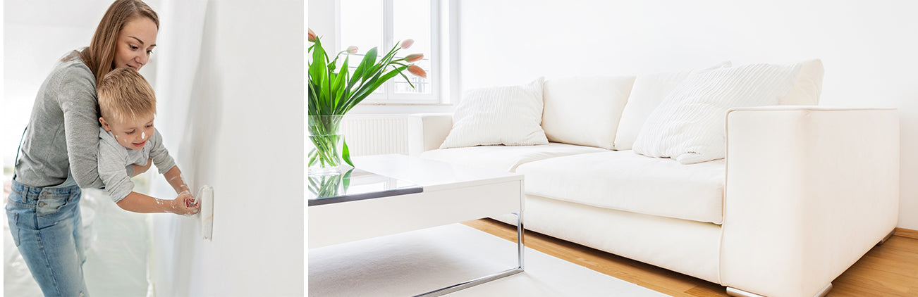 Mutter mit Kind streichen Wohnzimmer weiss